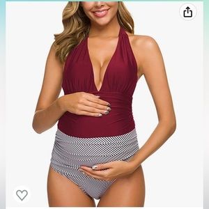 Women’s Ziola Red and Black Striped Maternity Swimsuit, Sz SMALL